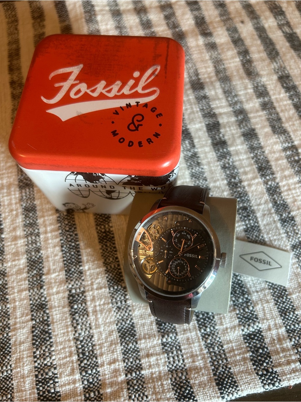 Fossil Men's Brown Leather Strap Watch with Black Dial and Silver Case